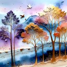 Vibrant Landscape with Stylized Trees and Gradient Sky