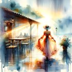 Woman in Pink Dress Walking on Rainy Street