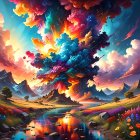 Vibrant Landscape with Colorful Sky and Mountains