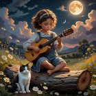 Digital Painting of Child with Guitar and Cat Under Moon