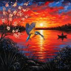 Vibrant Sunset Over Tranquil Lake with Wildlife