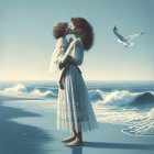 Mother and daughter share a tender beach moment