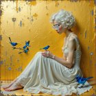 Young woman in white dress with gold background and birds