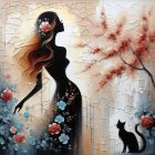 Silhouette of Woman with Flowers and Black Cat