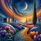 Surreal Landscape with Colorful Clouds and Moonlight