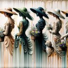 Stylized Parade of Elegantly Dressed Women in Hats