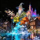 Majestic wizard by a shimmering stream in autumn landscape