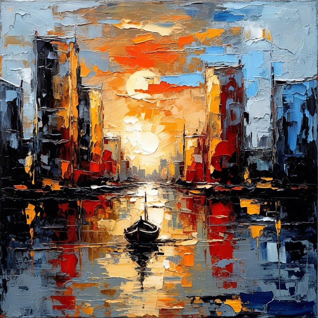 Impasto Oil Painting of Sunset Over City Skyline