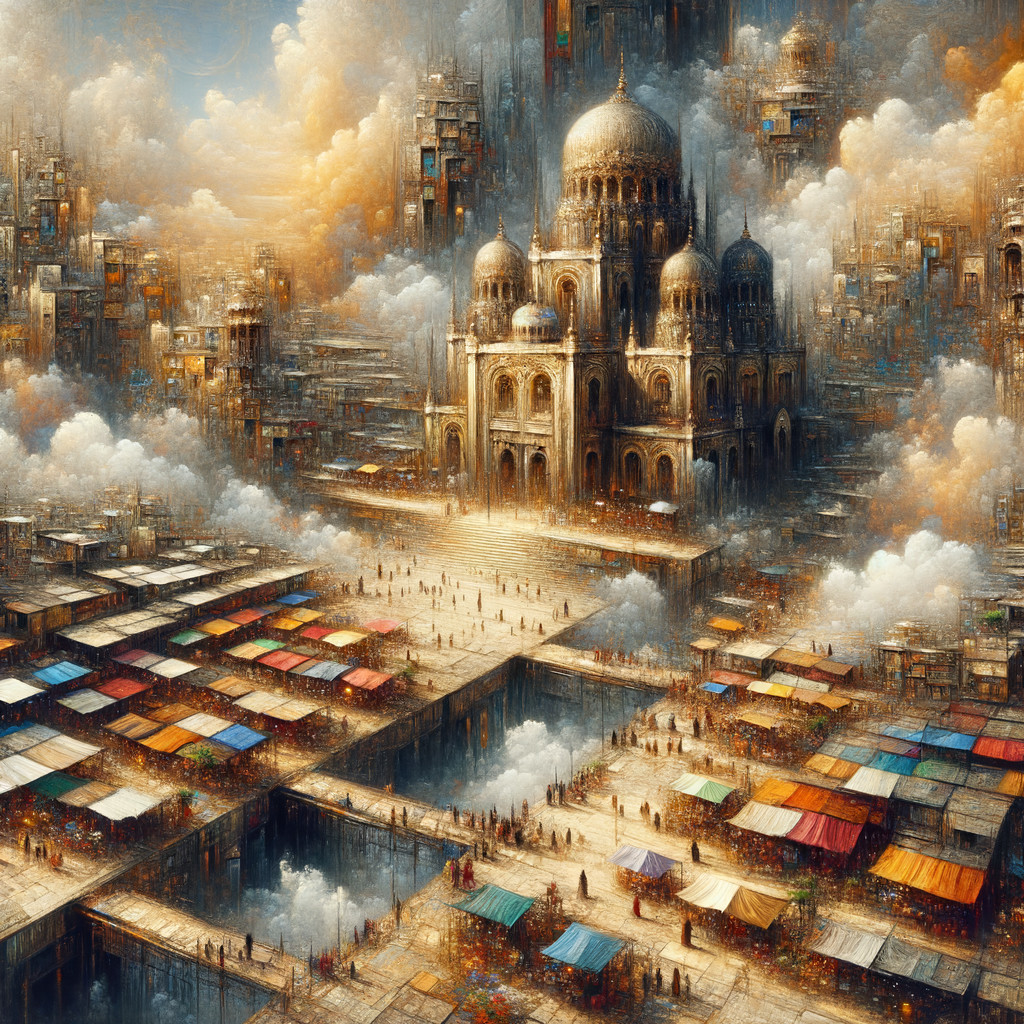 Fantastical Cityscape with Towering Structures and Market