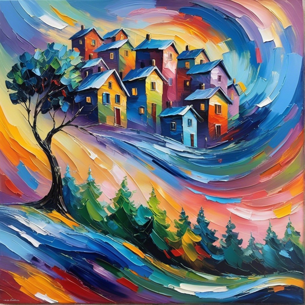 Vibrant Landscape Painting of a Quaint Village Scene