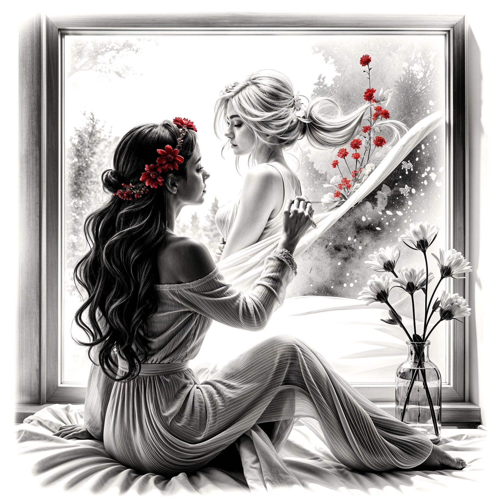 Black and white image of two women with flowers