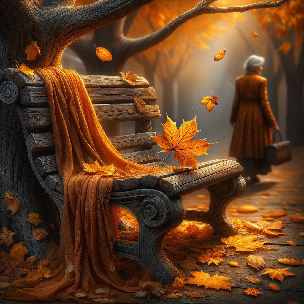 Wooden Park Bench Under Autumn Tree with Leaves