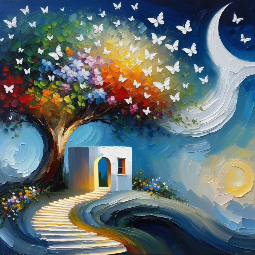 Vibrant Dreamy Landscape with Colorful Tree and Butterflies