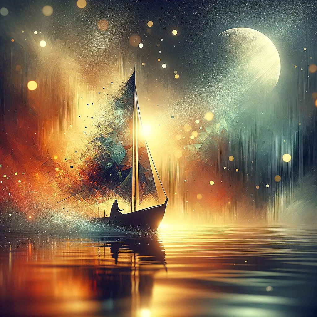 Sailboat on Reflective Water with Cosmic Colors