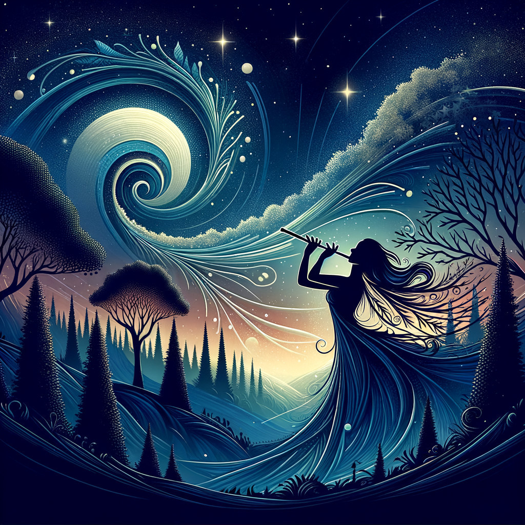Silhouette of a Woman Playing Flute in Cosmic Scene