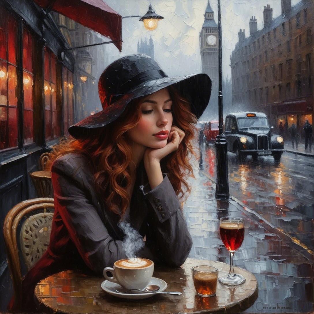 Impressionistic Painting of a Woman at a Cafe