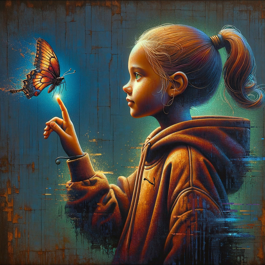 Young Girl Reaching for a Butterfly in Colorful Scene