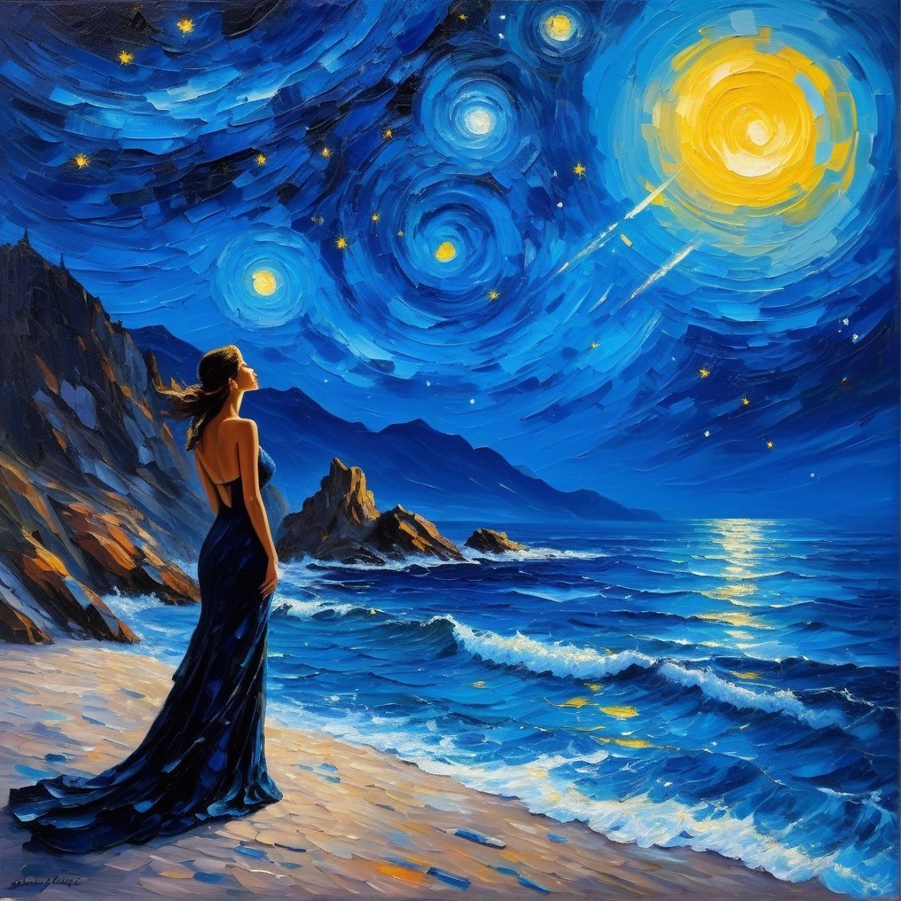 Elegant woman in blue dress on beach at night