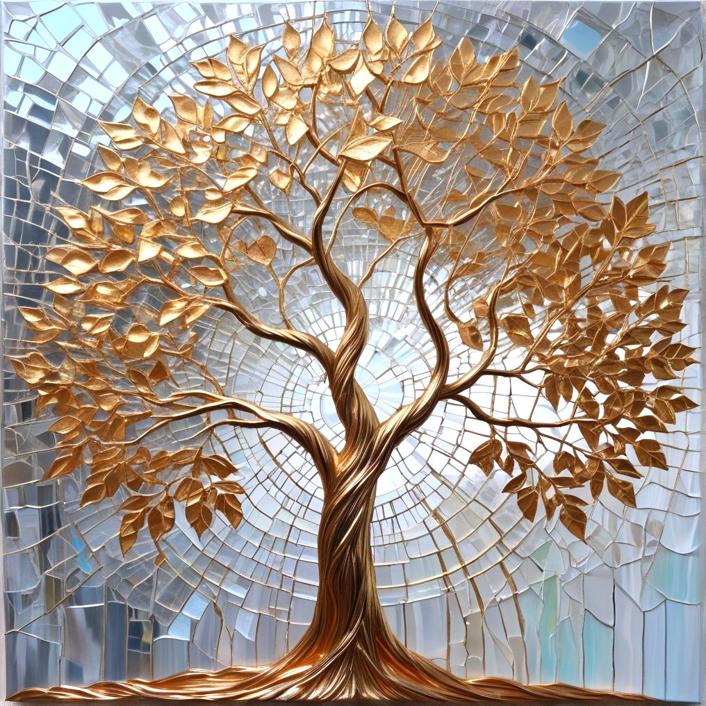 Stylized Tree with Golden Leaves on Mosaic Background