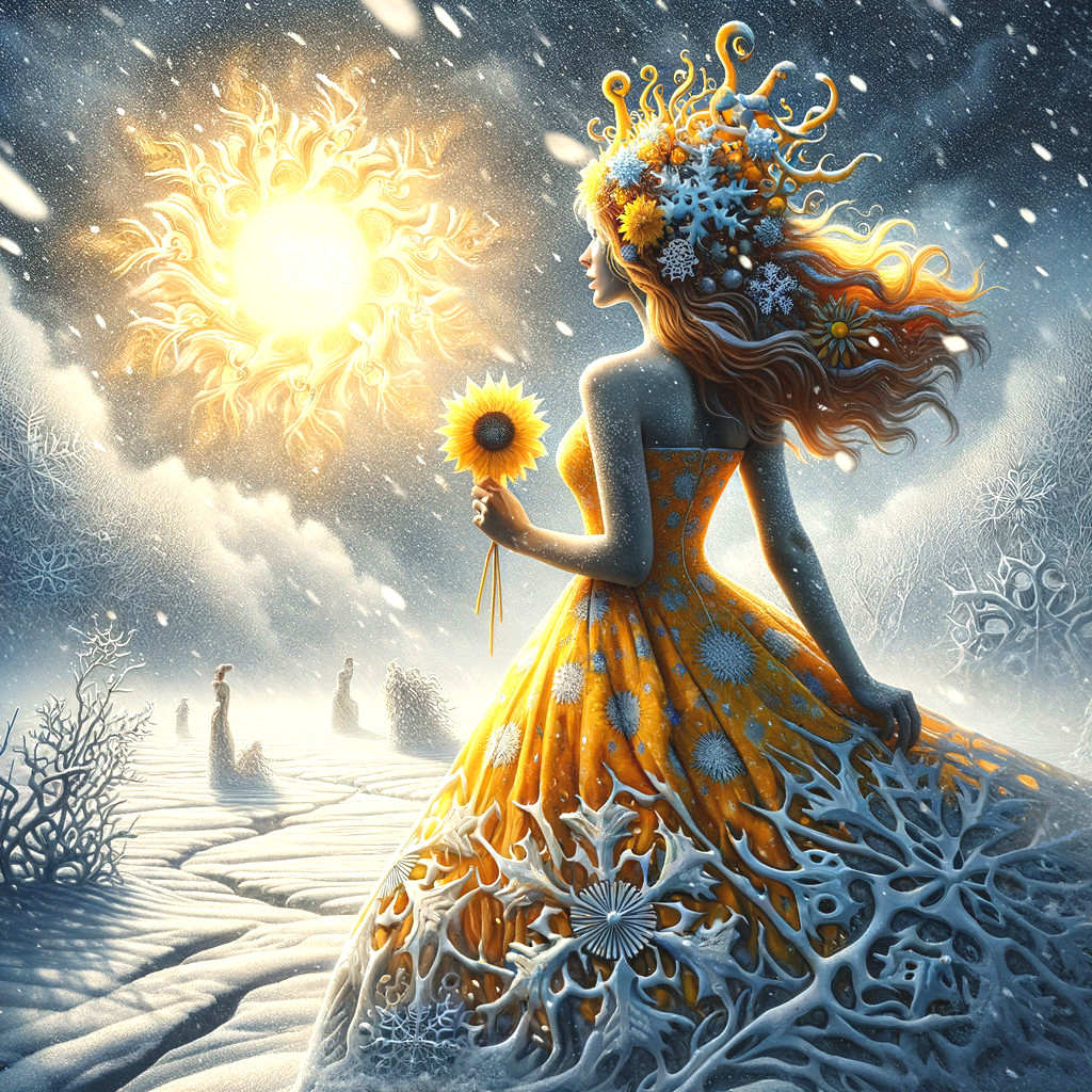 Woman in Yellow Dress in Snowy Landscape with Sunflowers