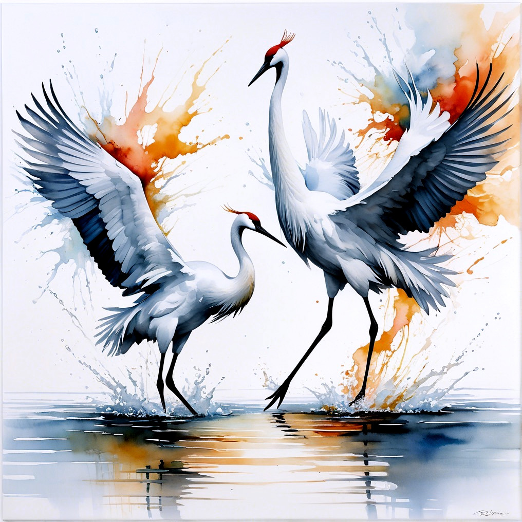 Elegant Cranes in Shallow Water with Vibrant Background