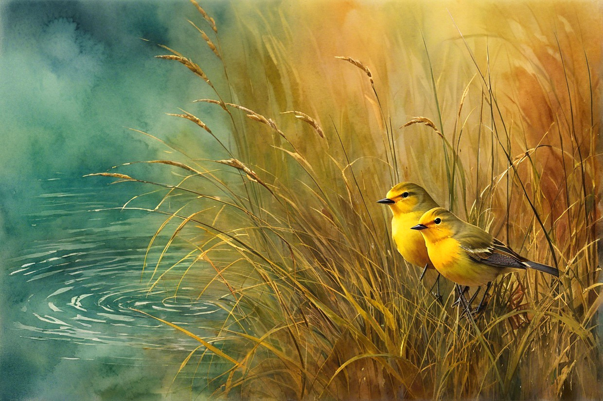 Yellow Birds in Serene Landscape by Tranquil Pond