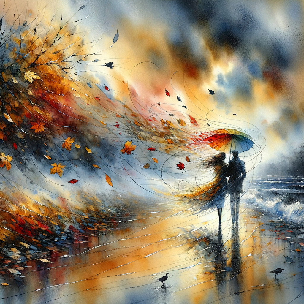 Couple Walking on Beach Under Colorful Umbrella