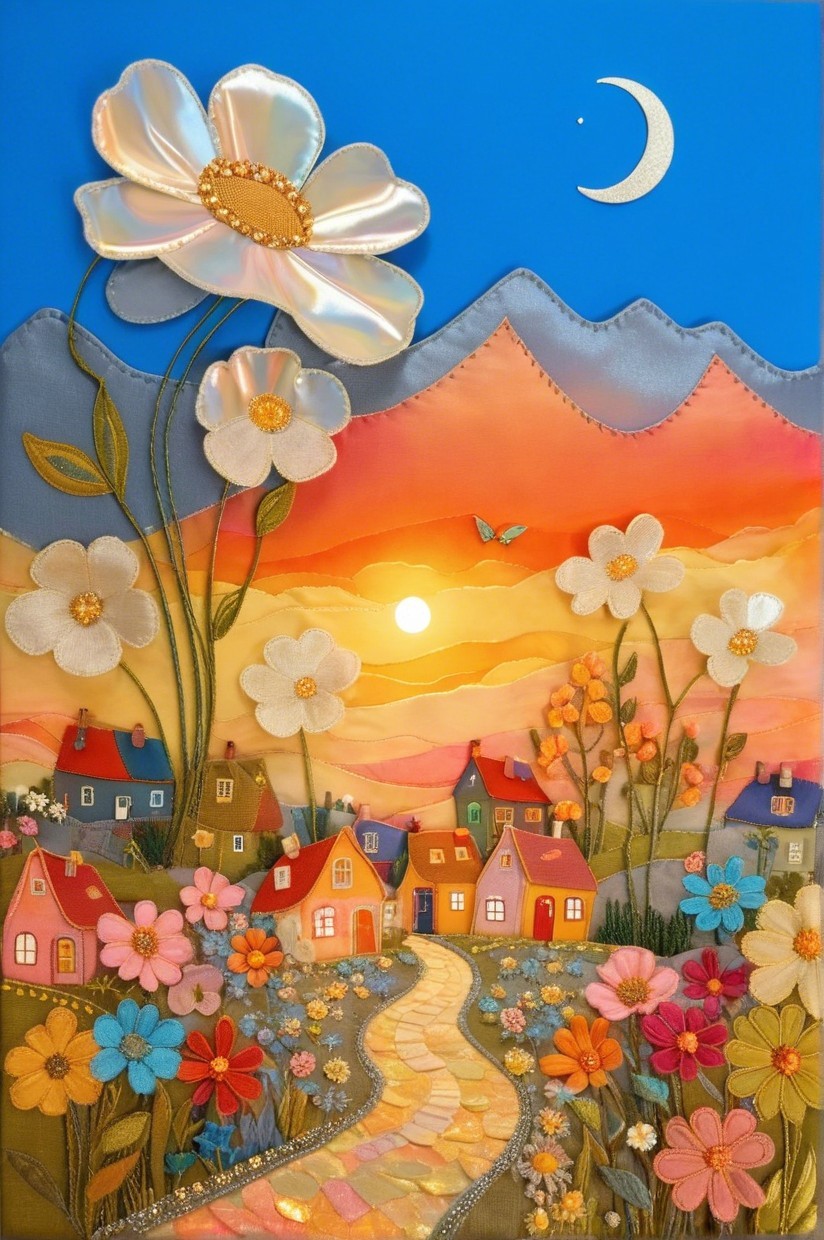 Textile Art of Sunset Over Colorful Valley Houses