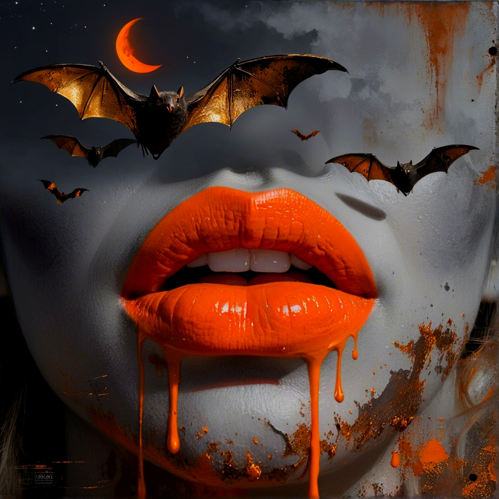 Close-up of Vibrant Orange Lips with Halloween Theme