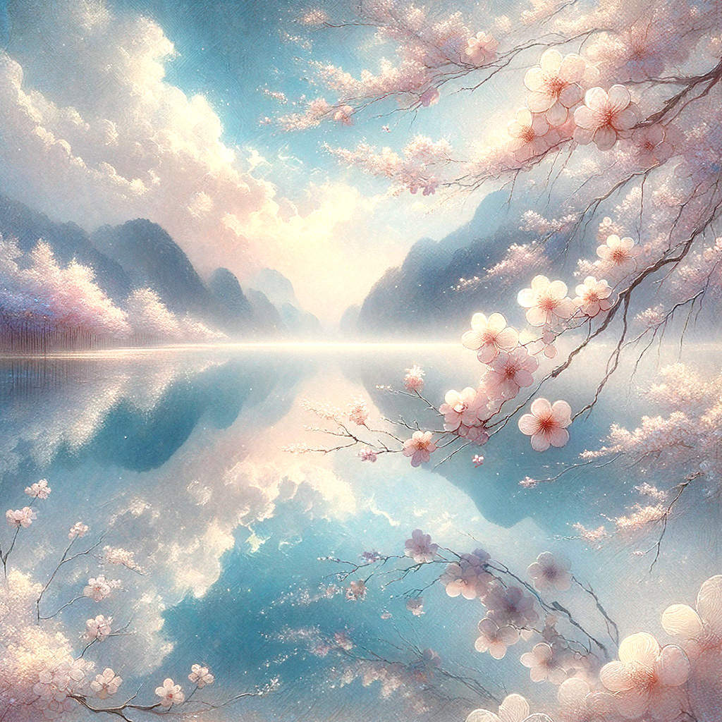 Tranquil Lake with Cherry Blossoms and Misty Mountains