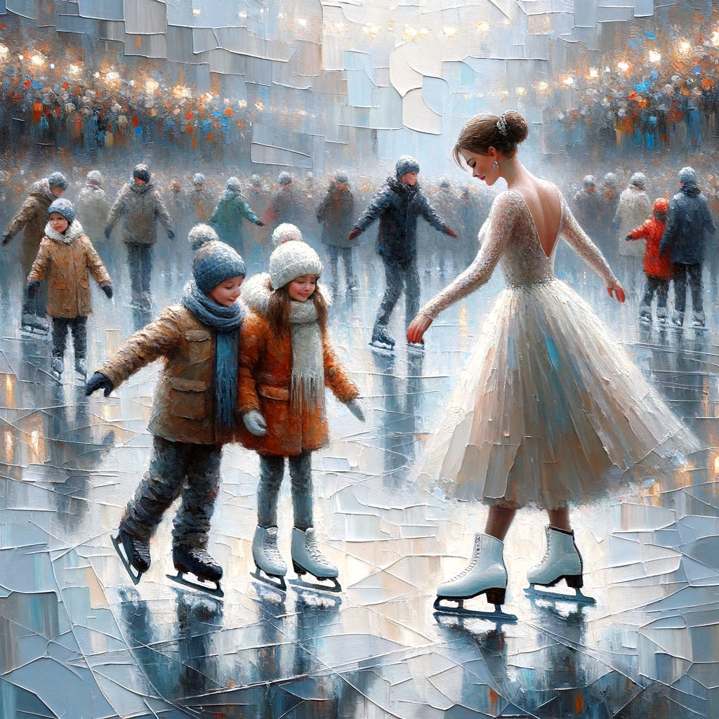 Ice Skater in White Dress on Shimmering Rink