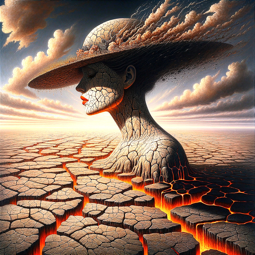 Surreal Landscape with Sculptural Woman and Lava Fissures