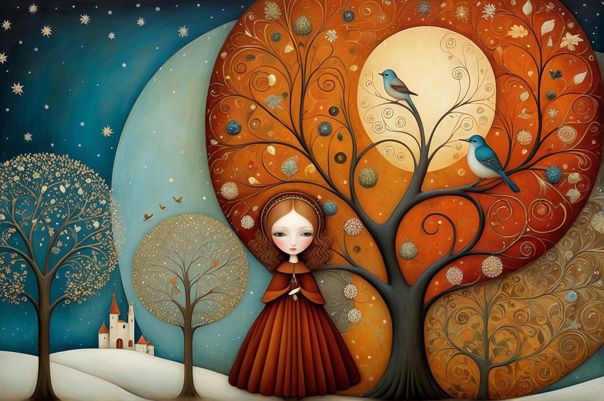 Whimsical Illustration of Girl by Colorful Tree and Castle