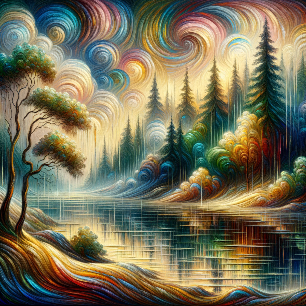 Vibrant Landscape with Serene Lake and Pine Trees
