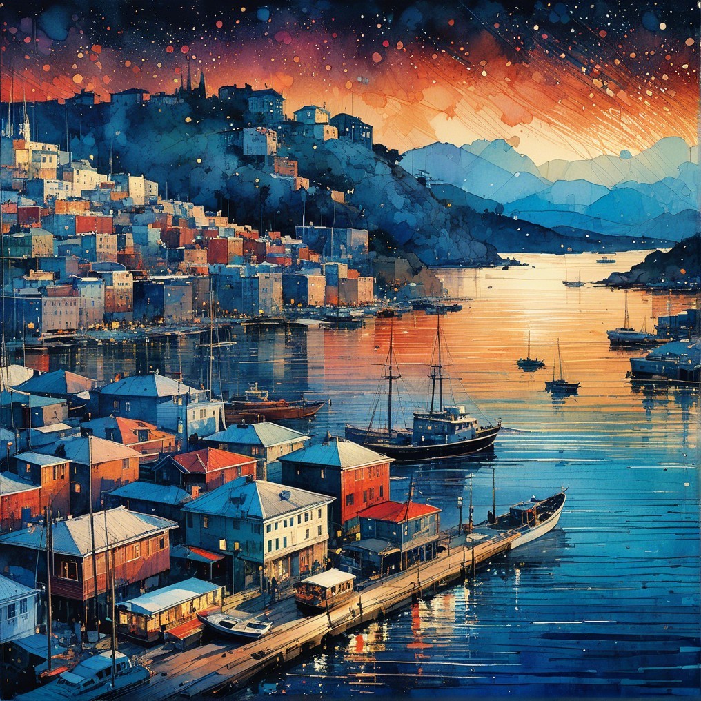 Harbor Scene at Dusk with Colorful Houses and Boats