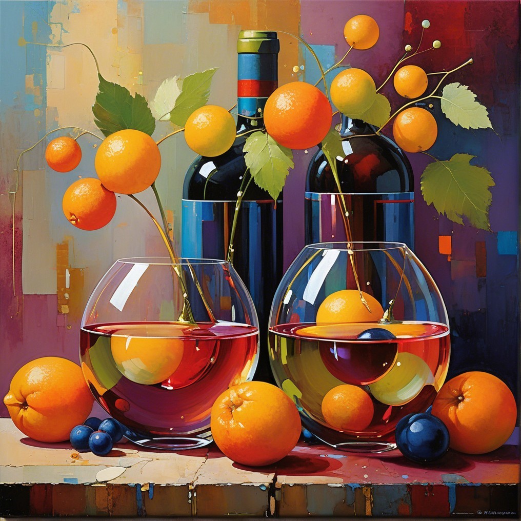 Elegant Glass Bowls with Colorful Fruits and Wine Bottles