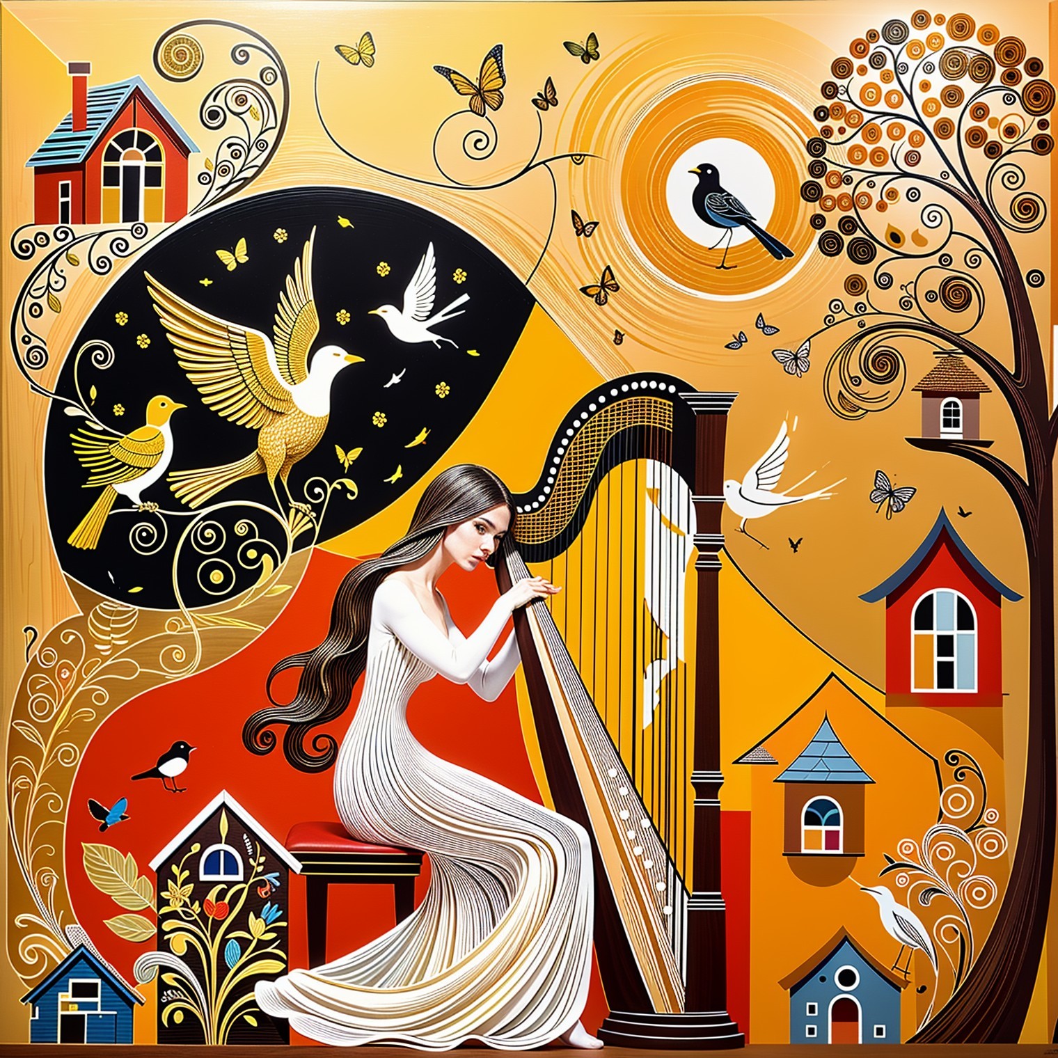 Woman in White Dress Playing Harp in Vibrant Nature