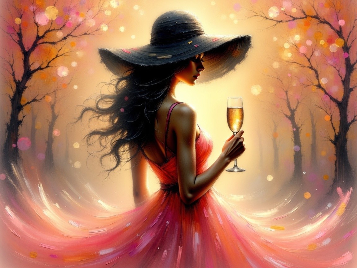 Silhouette of Woman in Elegant Dress with Champagne