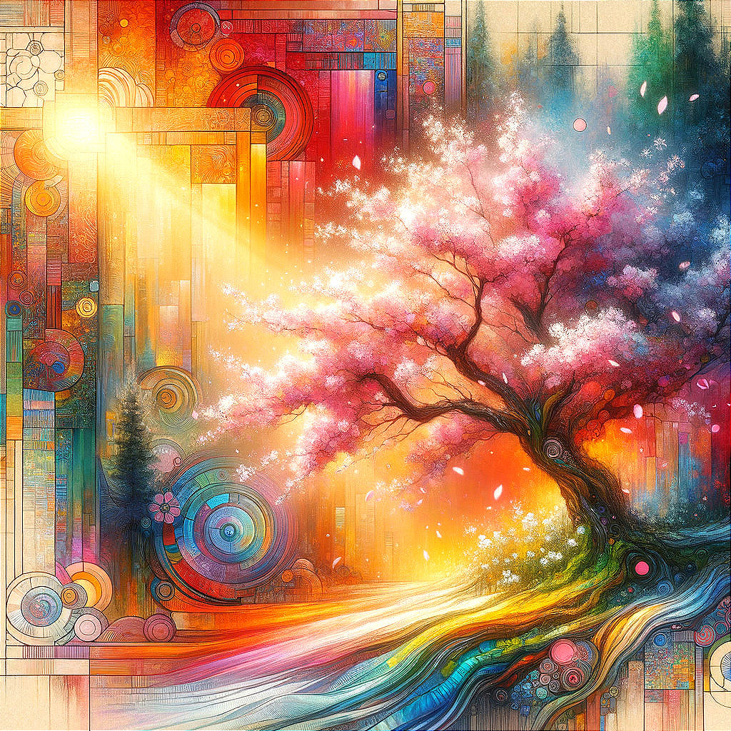 Vibrant Landscape with Cherry Blossom and Geometric Patterns