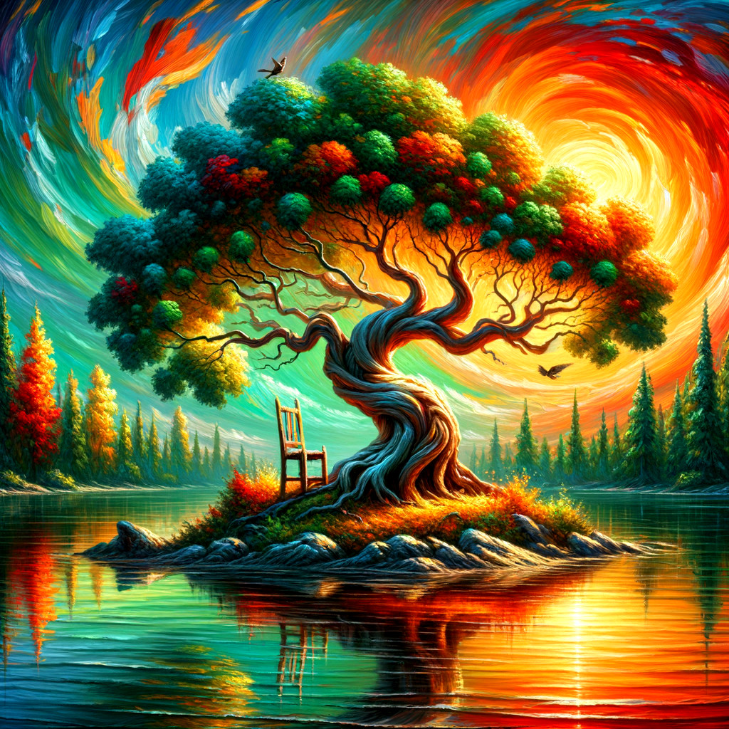 Vibrant Tree by Reflective Lake with Colorful Foliage