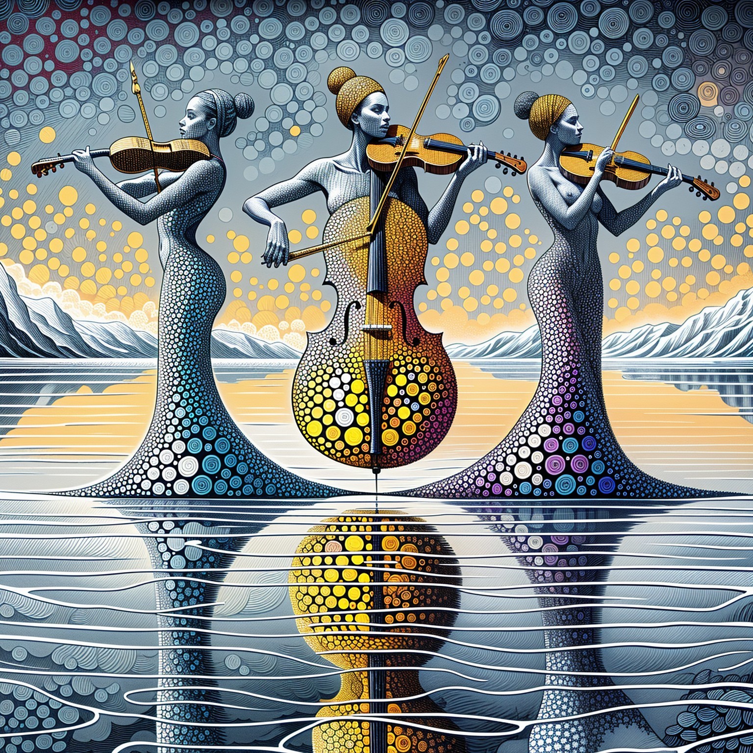 Stylized Female Musicians in Water with Vibrant Gowns