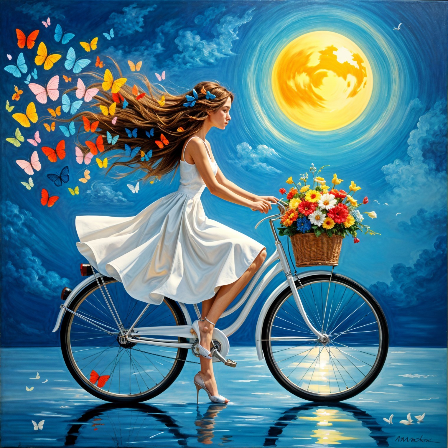 Young Woman in White Dress on Vintage Bicycle at Night