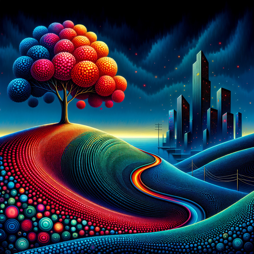 Surreal Landscape with Colorful Hills and City Skyline