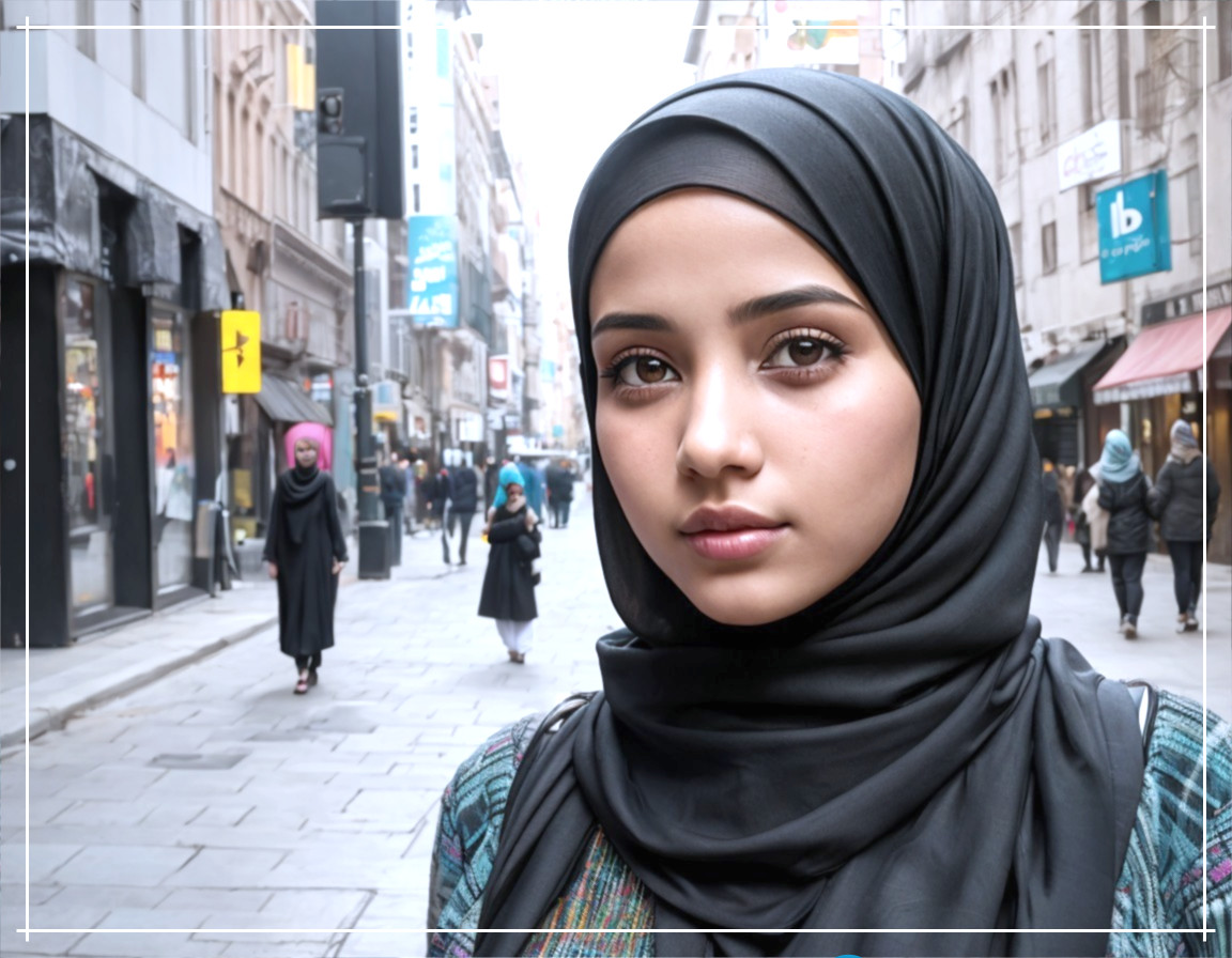 Young Woman in Black Hijab in Urban Cultural Scene