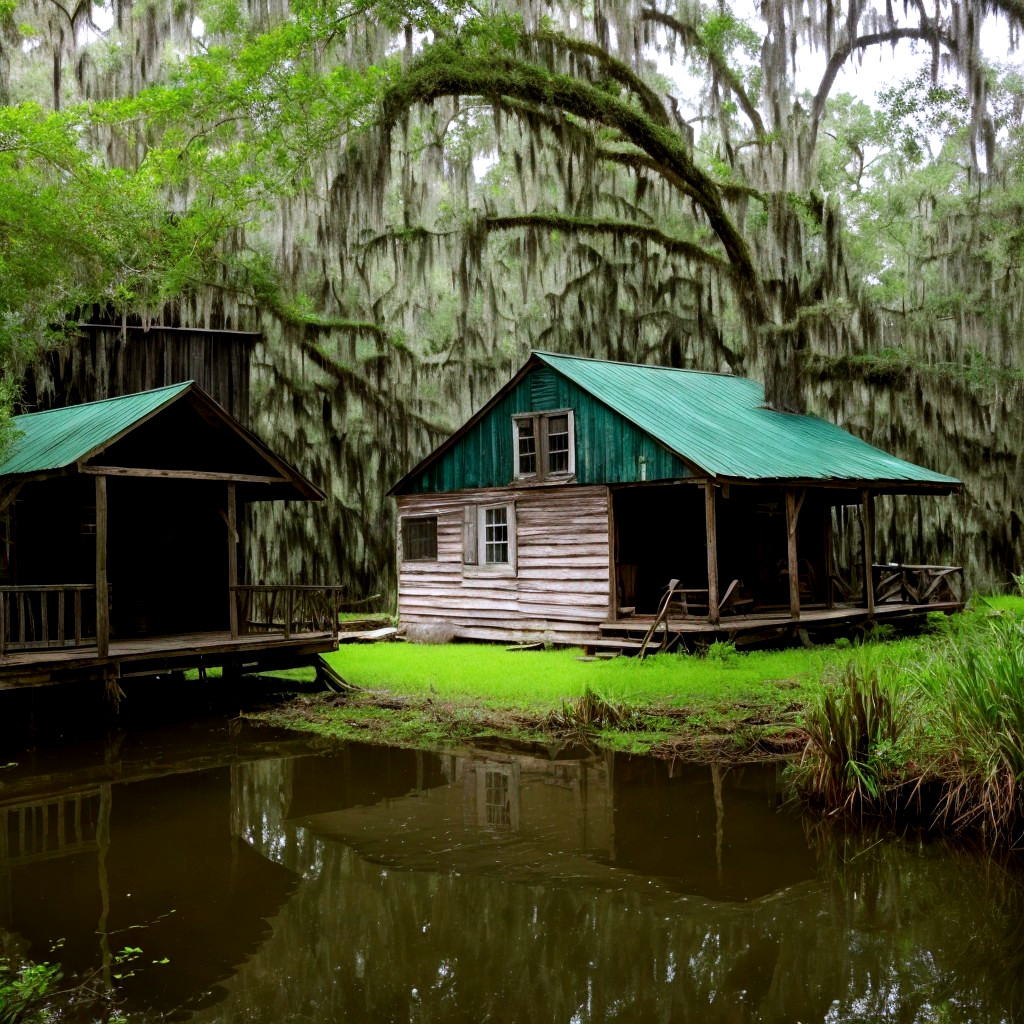 Rustic Cabins by Calm Waterway Surrounded by Trees
