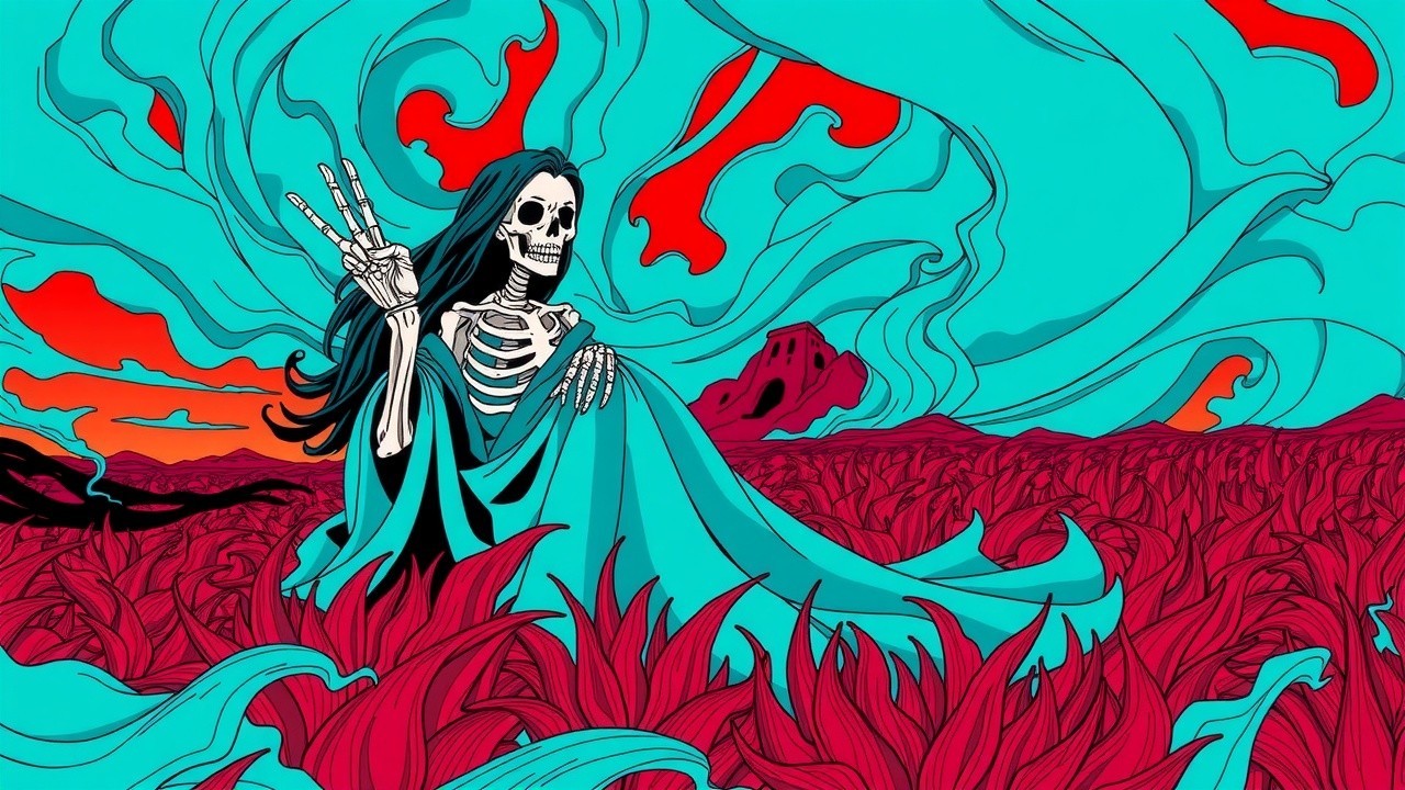 Surreal Scene with Skeleton in Colorful Clouds