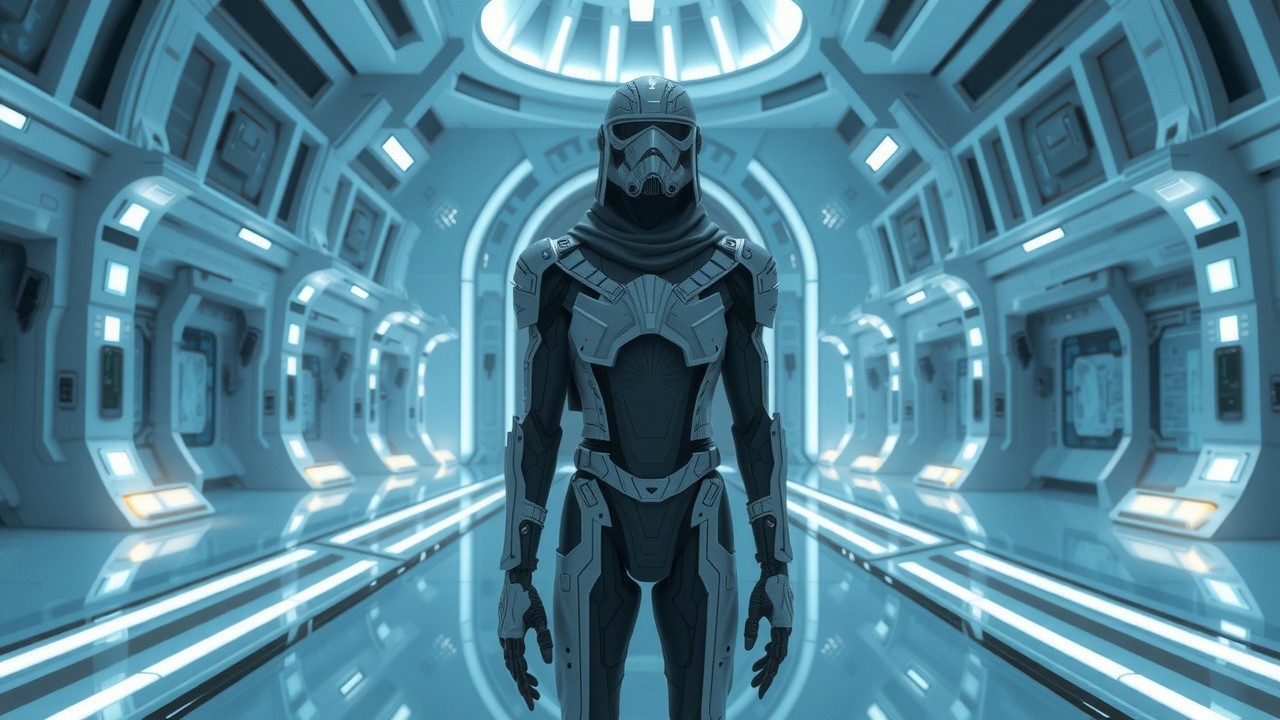 Humanoid Robot in Futuristic High-Tech Corridor
