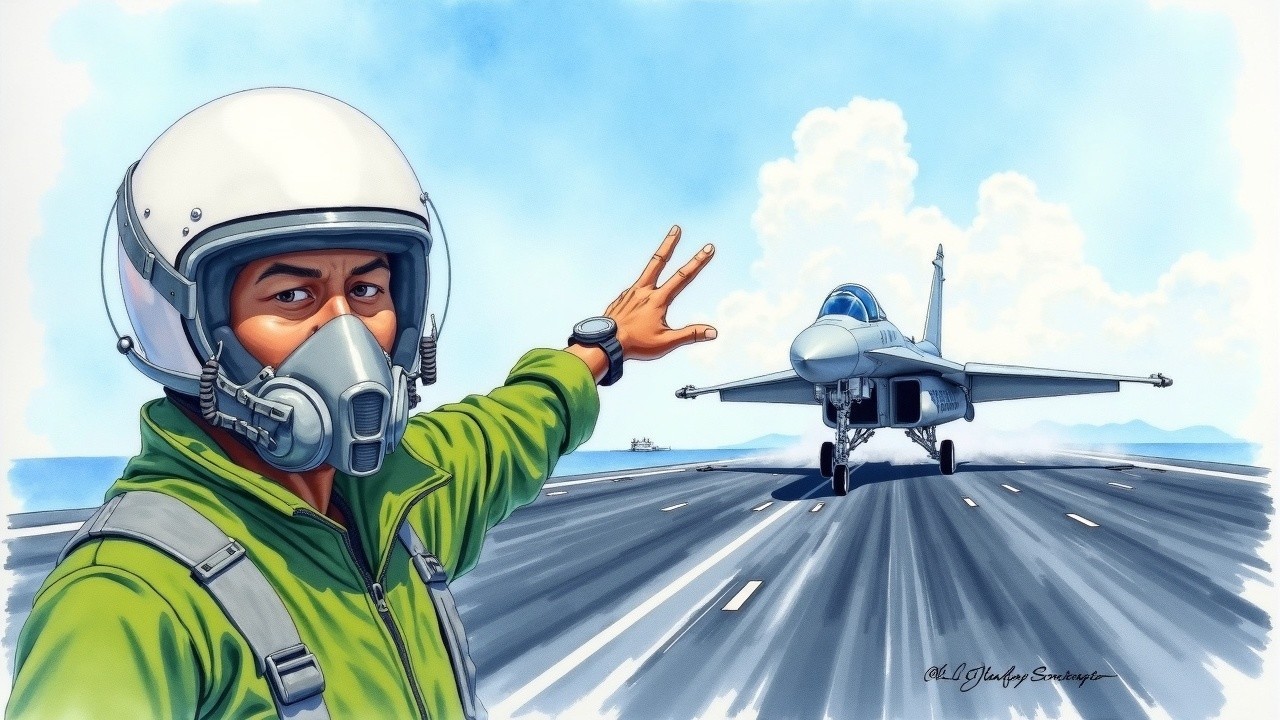 Confident Fighter Pilot Waves at Jet in Blue Sky