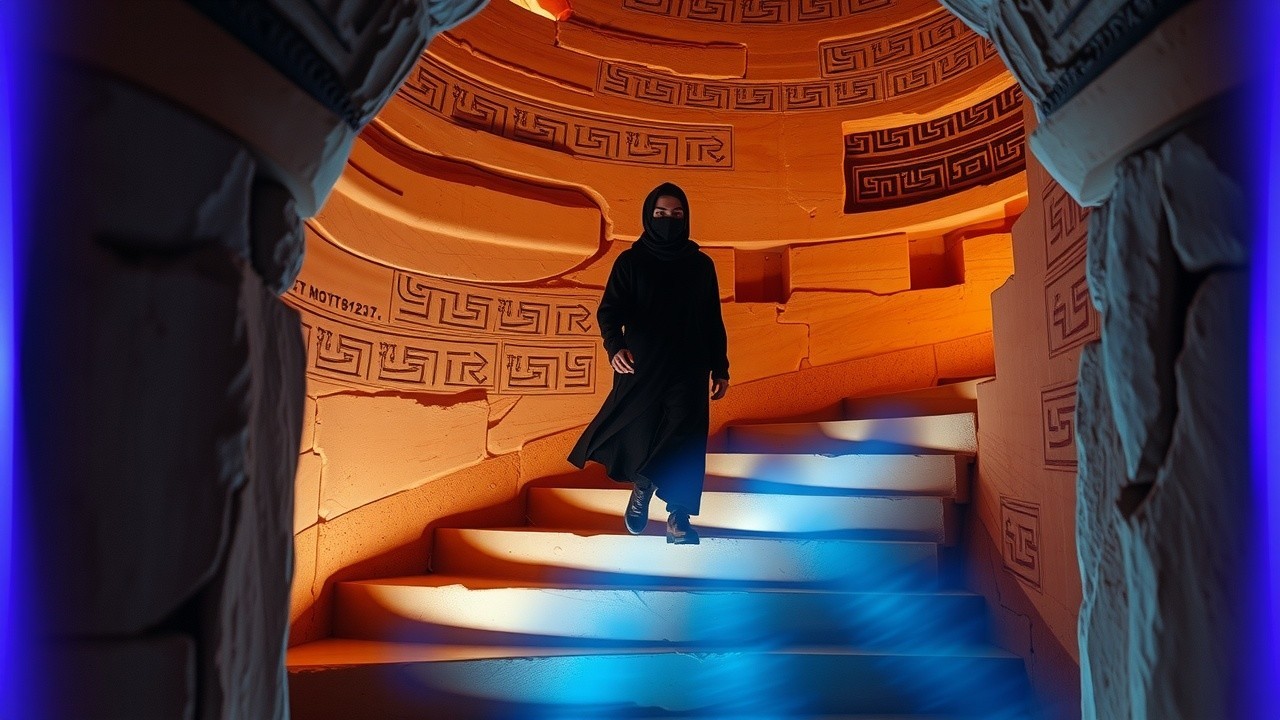 Mystical Descent in Blue-Illuminated Space