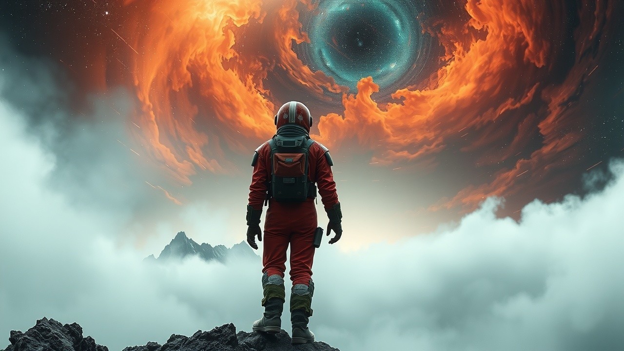 Astronaut on Mountain Under Cosmic Swirling Clouds